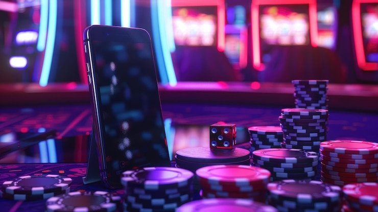 Pemain kasino langsung berinteraksi dengan dealer melalui perangkat seluler di lingkungan berwarna ungu neon